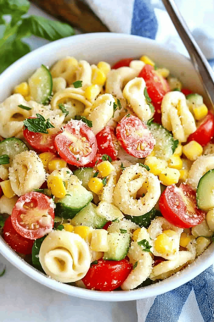 Corn Tomato Tortellini Pasta Salad ingredients organized and measured on kitchen counter