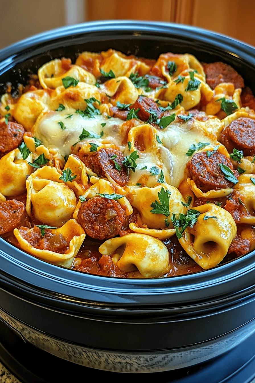 Crockpot Cheese Tortellini Sausage final dish beautifully presented and ready to serve