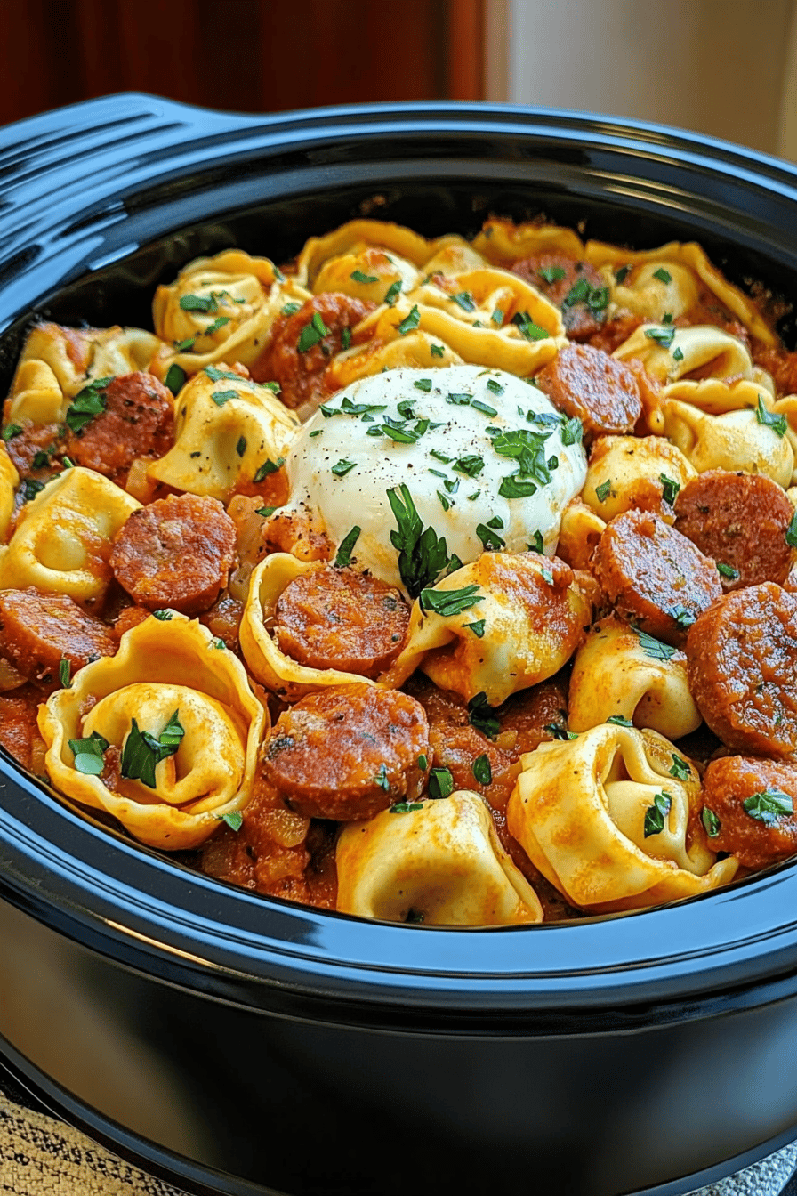 Crockpot Cheese Tortellini Sausage ingredients organized and measured on kitchen counter