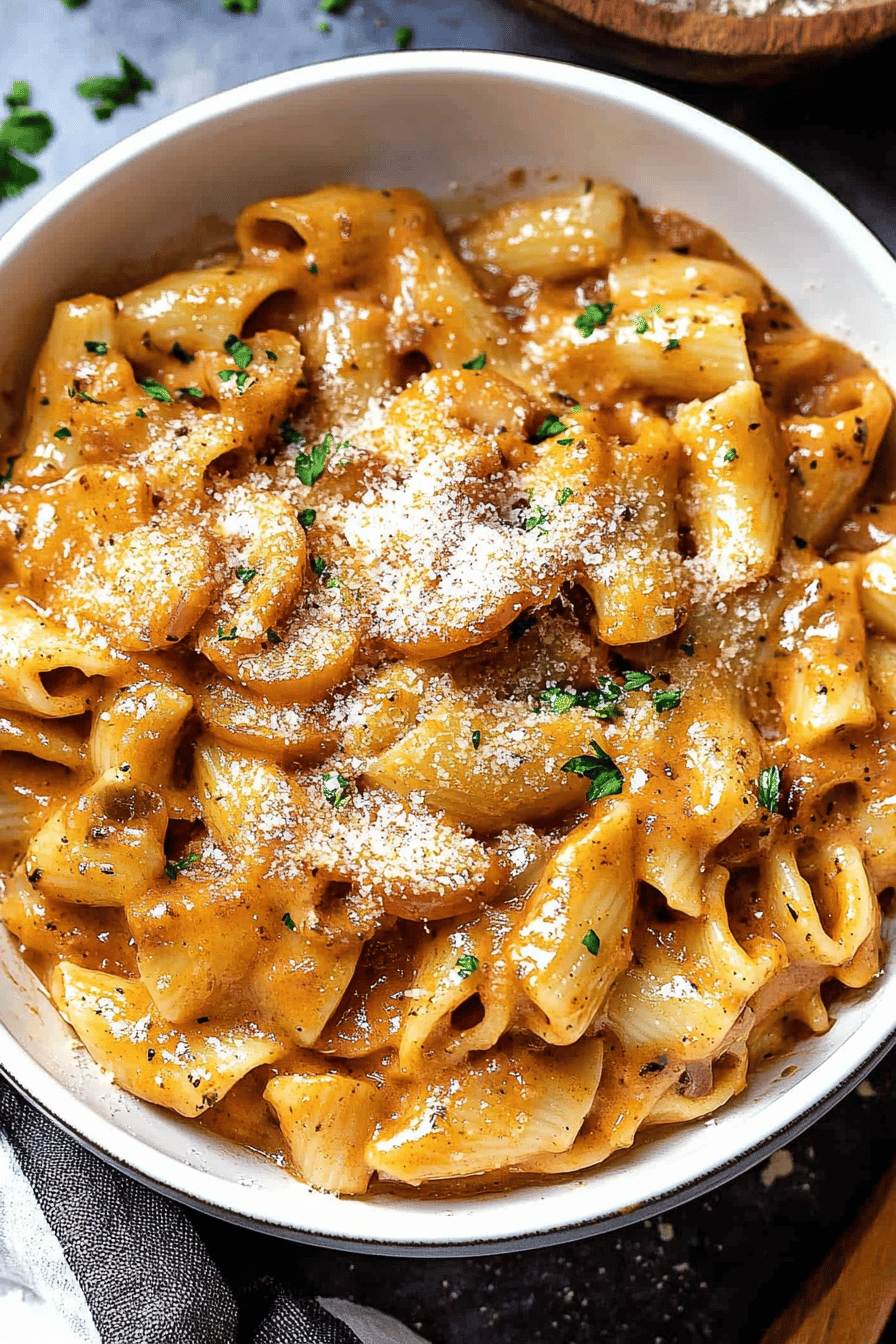 French Onion Pasta final dish beautifully presented and ready to serve
