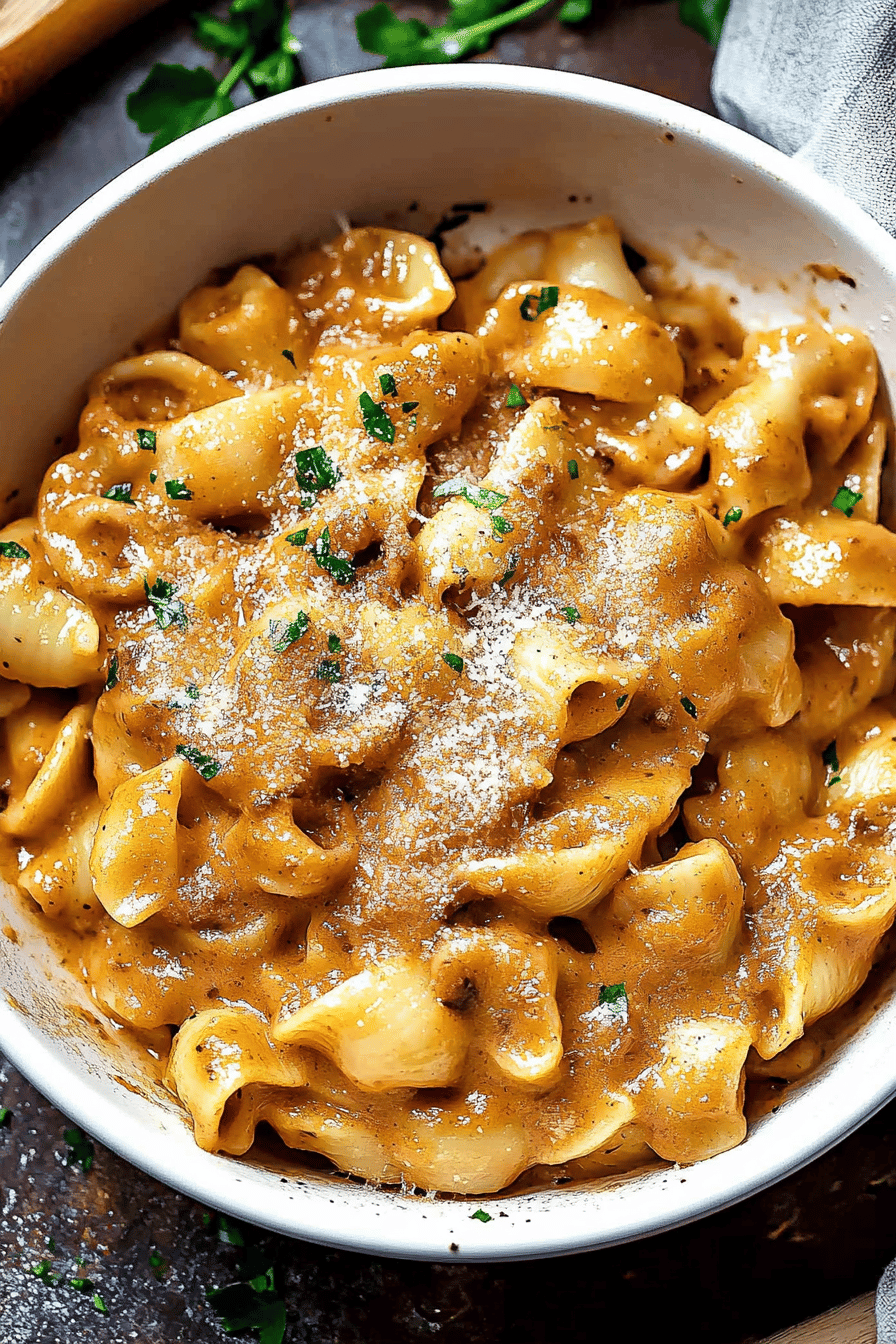 French Onion Pasta ingredients organized and measured on kitchen counter