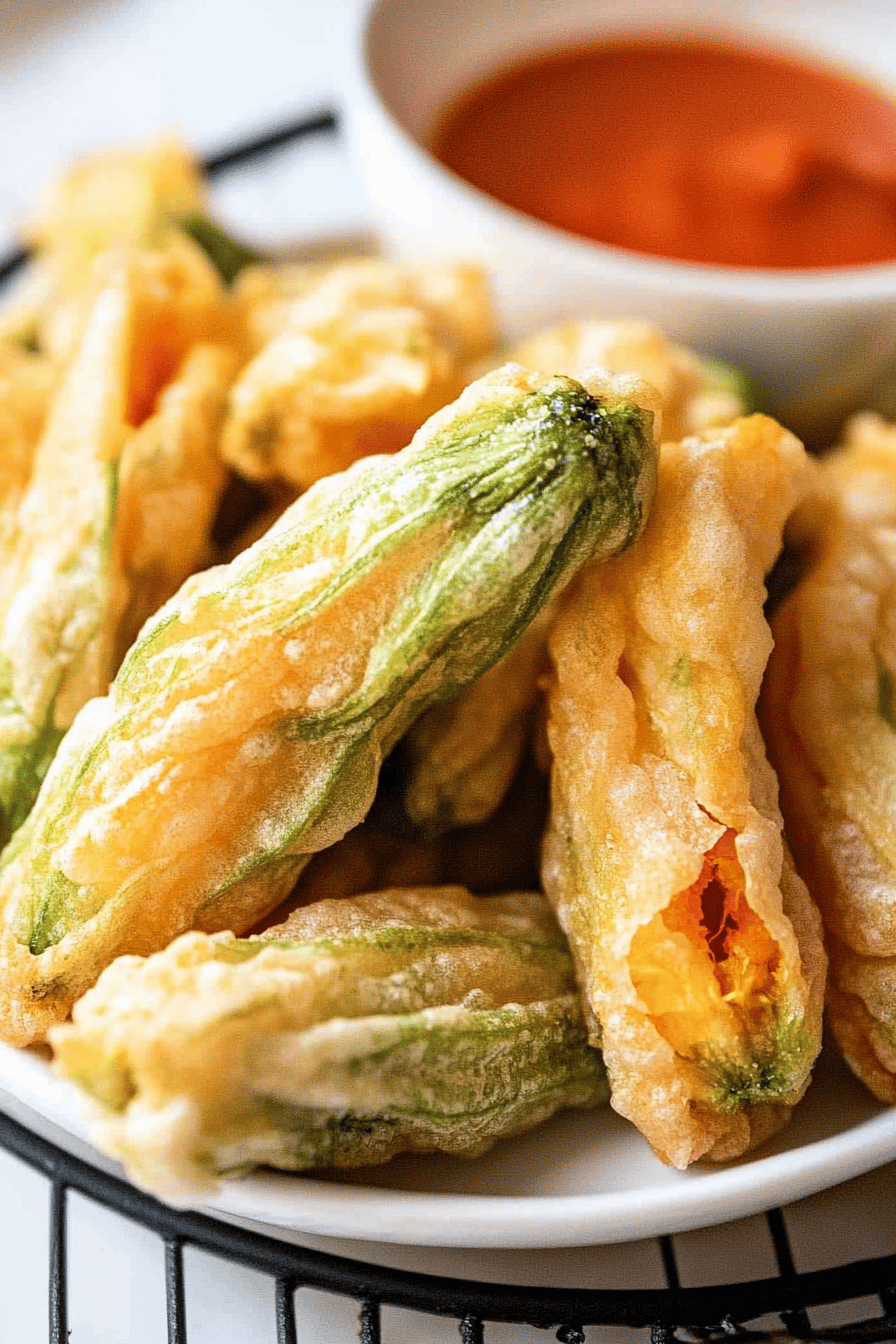 Fried Squash Blossoms final dish beautifully presented and ready to serve
