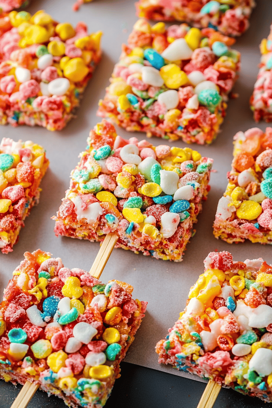 Fruity Pebbles Treats final dish beautifully presented and ready to serve