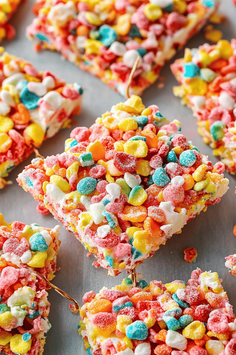 Fruity Pebbles Treats slice on plate showing perfect texture and swirl pattern