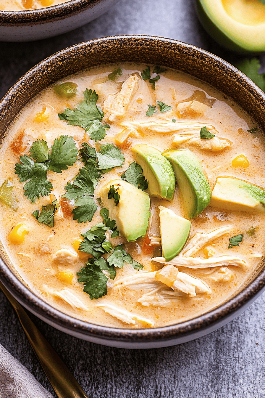 Green Chile Chicken Enchilada Soup final dish beautifully presented and ready to serve