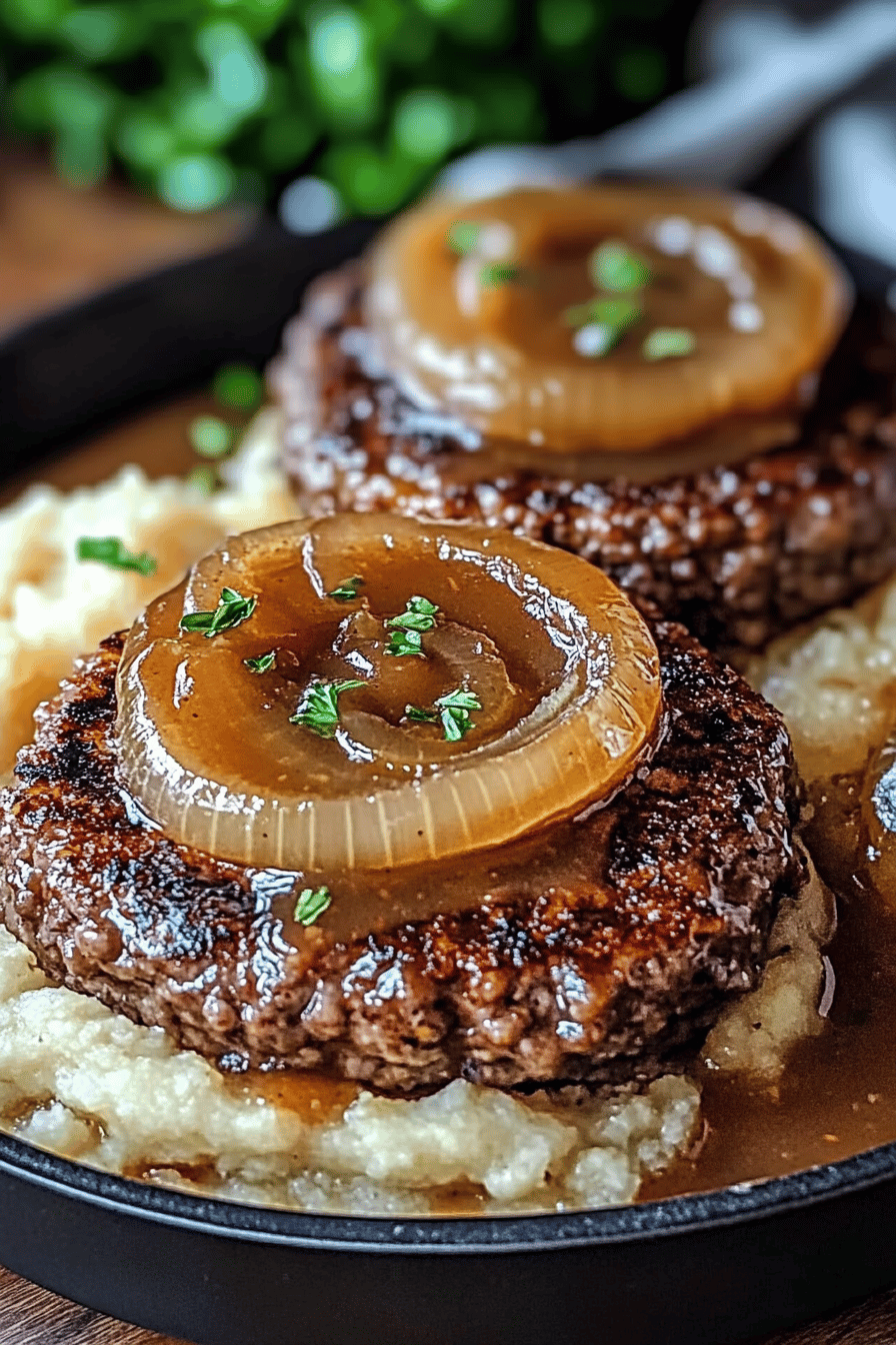 Hamburger Steaks with Onion Gravy final dish beautifully presented and ready to serve