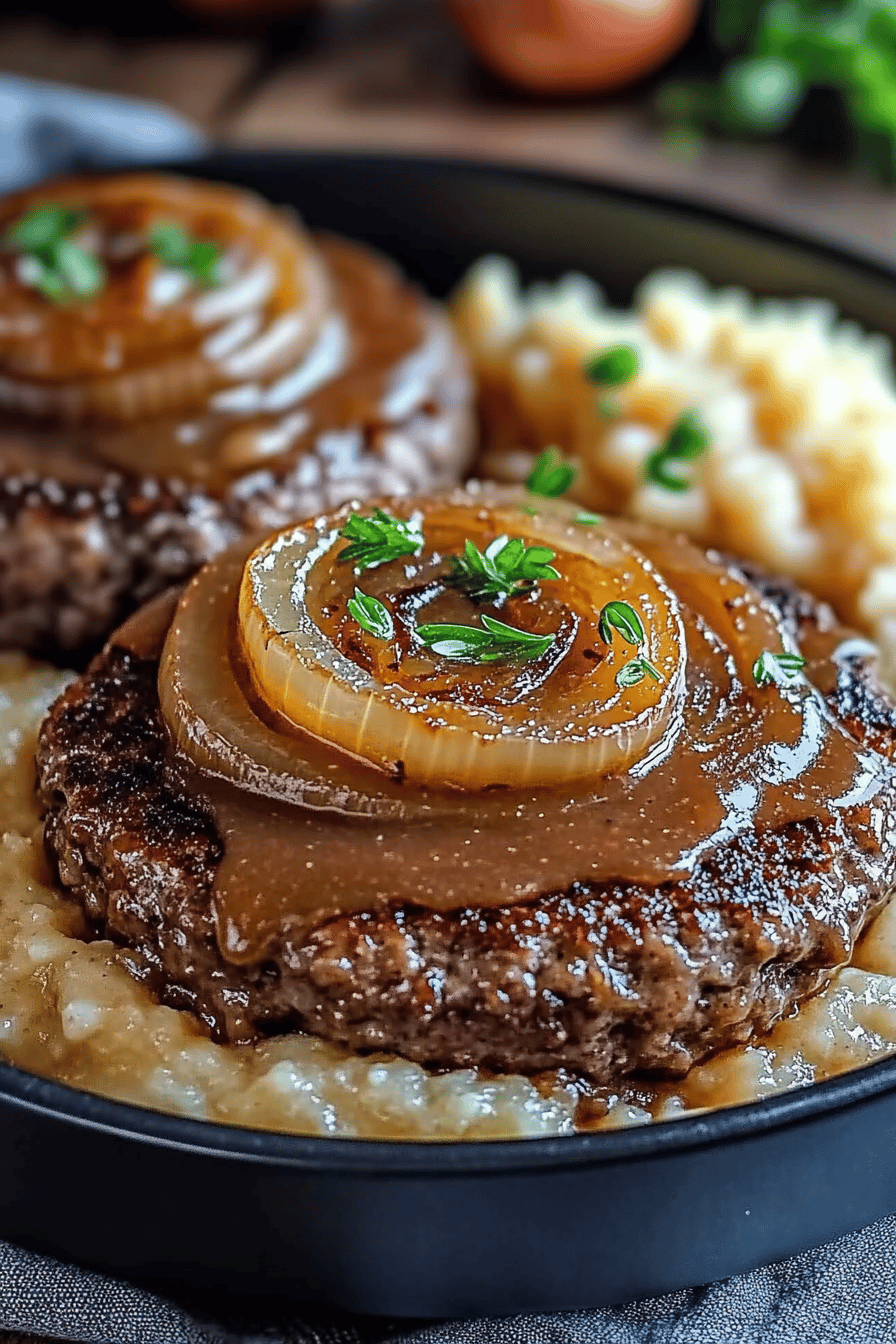 Hamburger Steaks with Onion Gravy ingredients organized and measured on kitchen counter