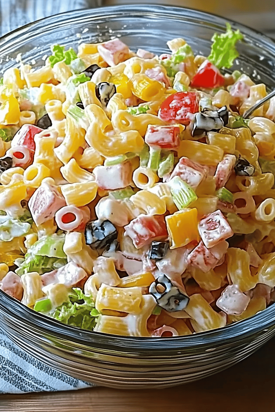 Layered Pasta Salad final dish beautifully presented and ready to serve
