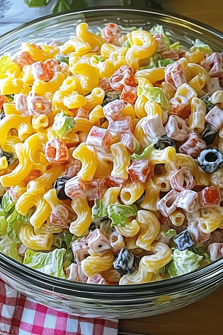 Layered Pasta Salad ingredients organized and measured on kitchen counter