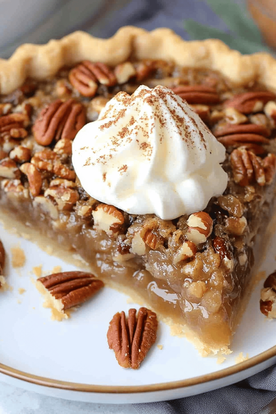 Maple Pecan Pie Recipe slice on plate showing perfect texture and swirl pattern