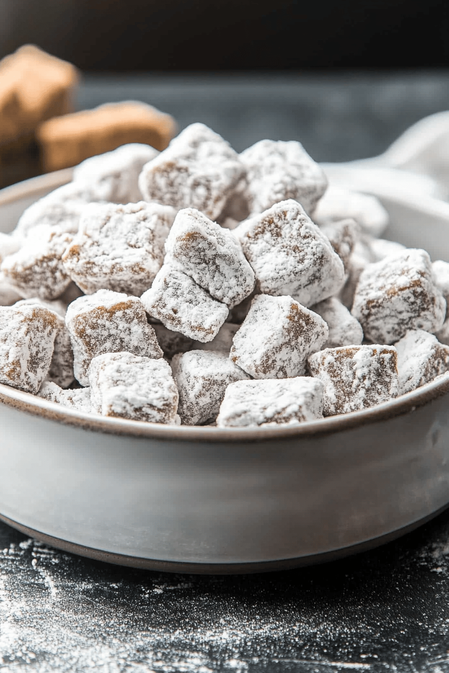 Muddy Buddies Recipe ingredients organized and measured on kitchen counter