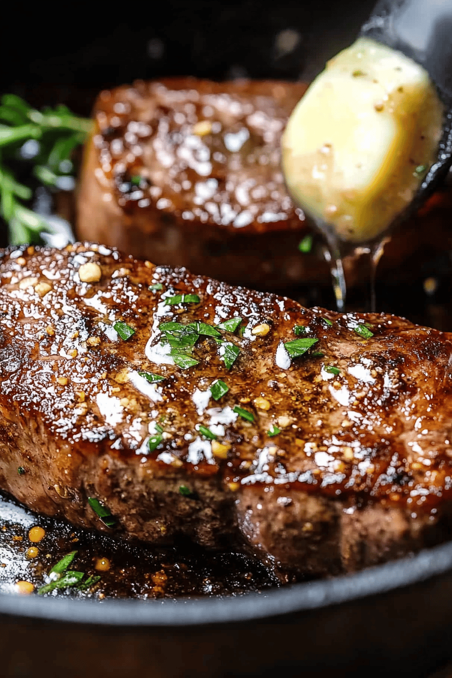 New York Strip Steak Recipe slice on plate showing perfect texture and swirl pattern