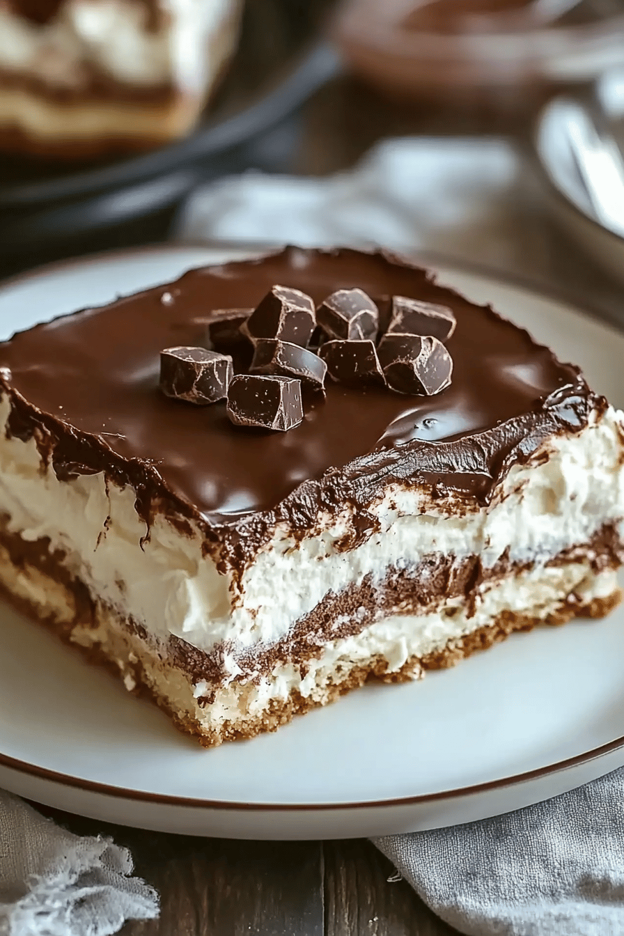 No-Bake Chocolate Eclair Cake final dish beautifully presented and ready to serve