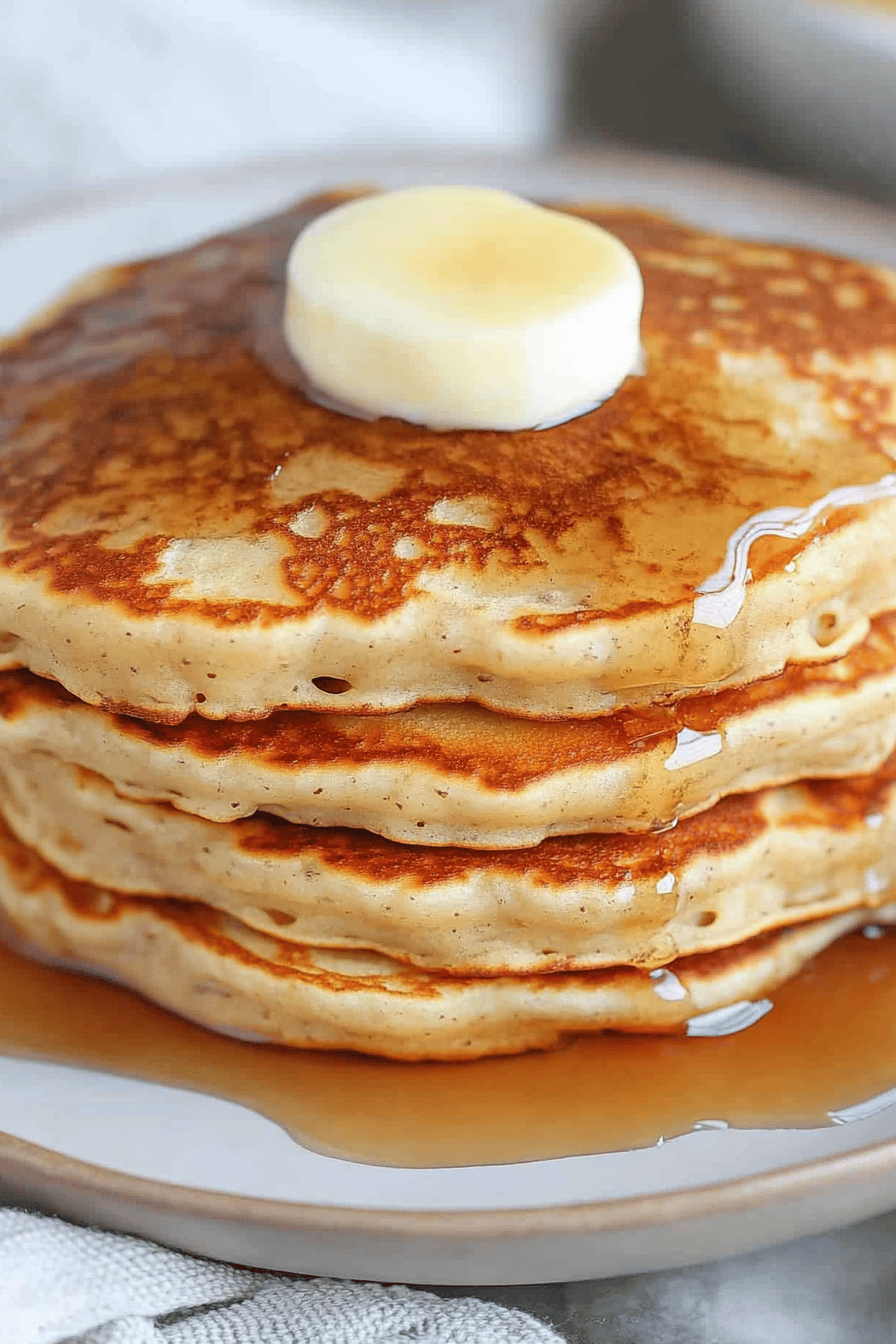 Oatmeal Pancakes slice on plate showing perfect texture and swirl pattern