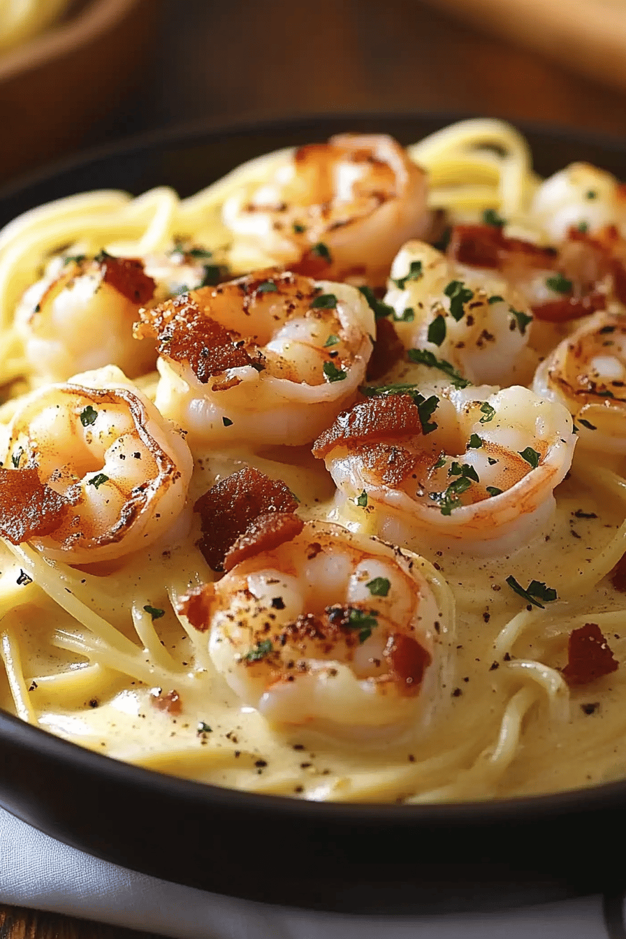 Olive Garden Chicken and Shrimp Carbonara Recipe final dish beautifully presented and ready to serve