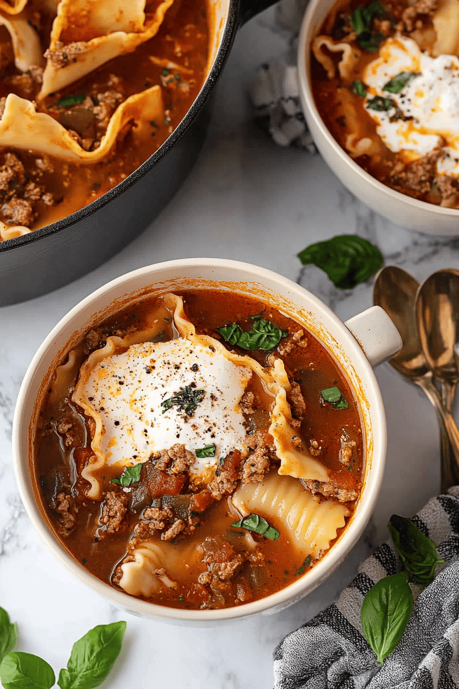One-Pot Lasagna Soup ingredients organized and measured on kitchen counter