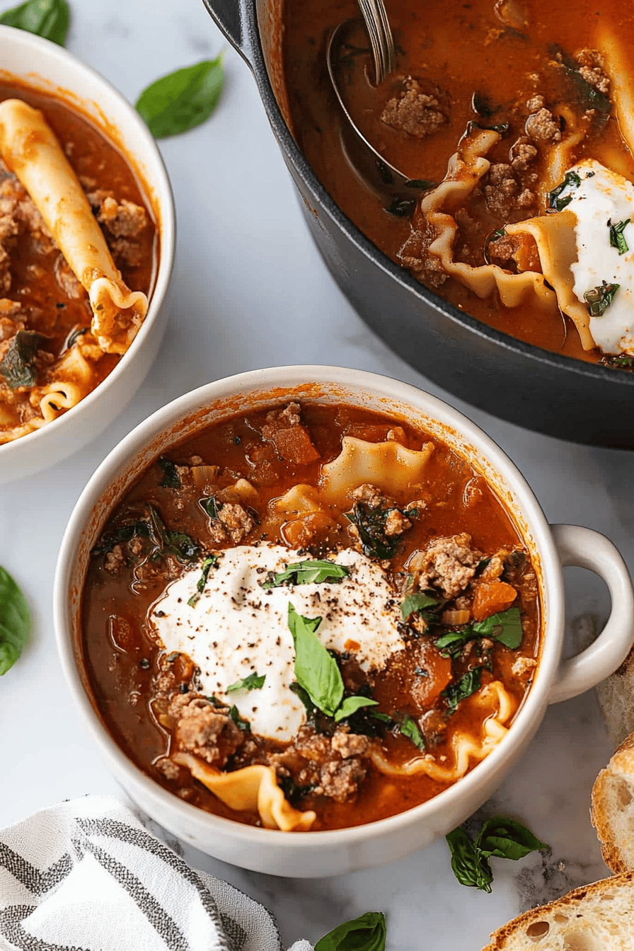 One-Pot Lasagna Soup final dish beautifully presented and ready to serve