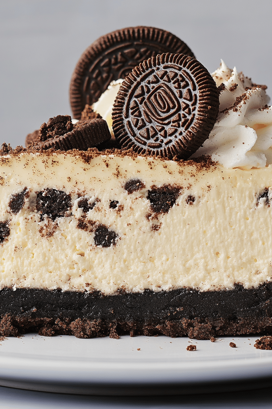 Oreo Cheesecake Recipe slice on plate showing perfect texture and swirl pattern