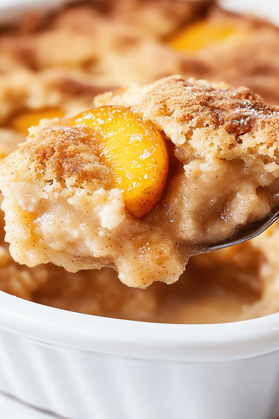 Peach Cobbler Recipe slice on plate showing perfect texture and swirl pattern