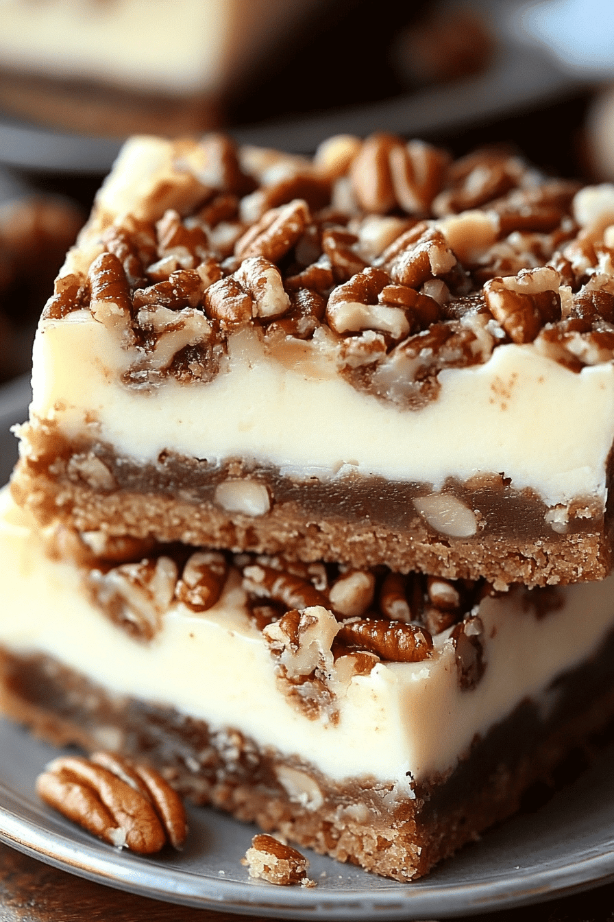 Pecan Pie Cheesecake Bars slice on plate showing perfect texture and swirl pattern