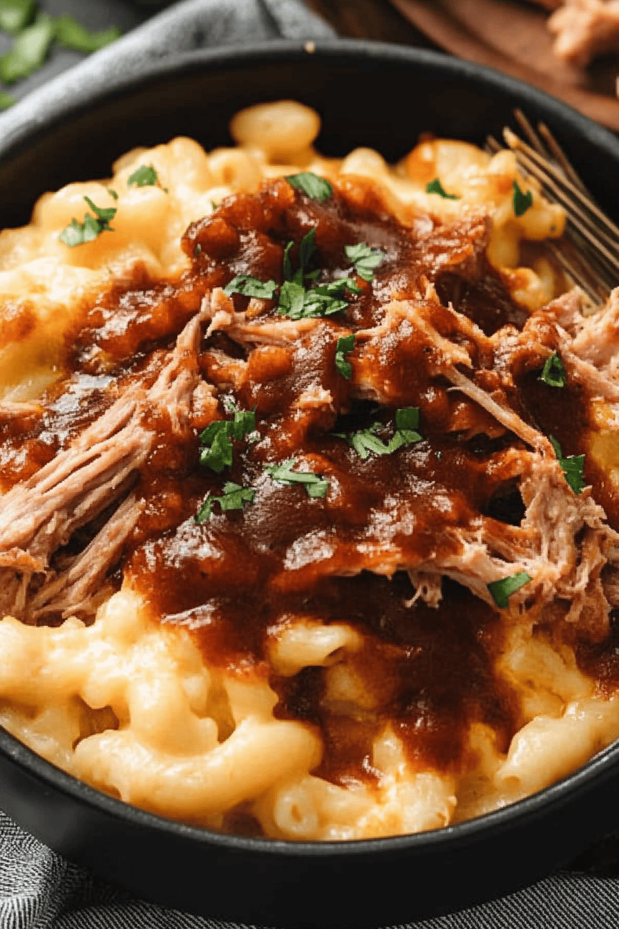 Pulled Pork Mac and Cheese final dish beautifully presented and ready to serve