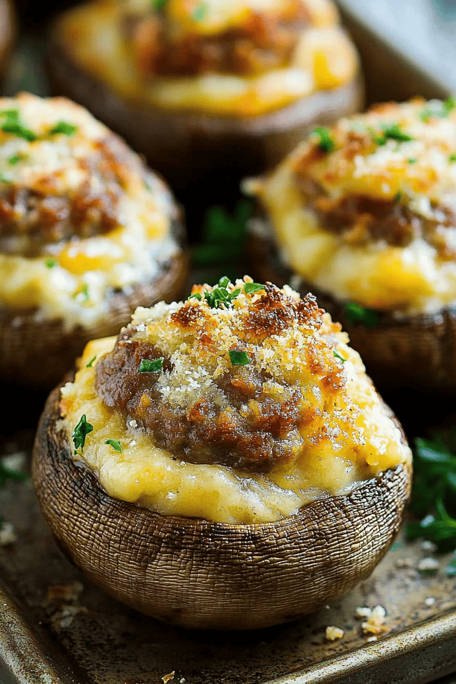 Sausage Stuffed Mushrooms slice on plate showing perfect texture and swirl pattern