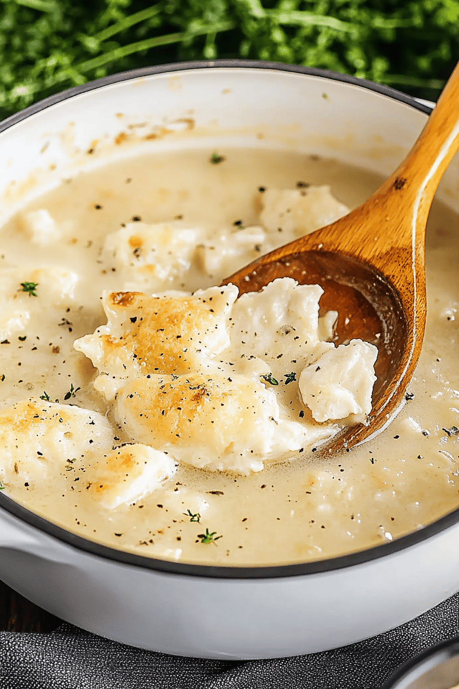 Southern Style Chicken and Dumplings final dish beautifully presented and ready to serve