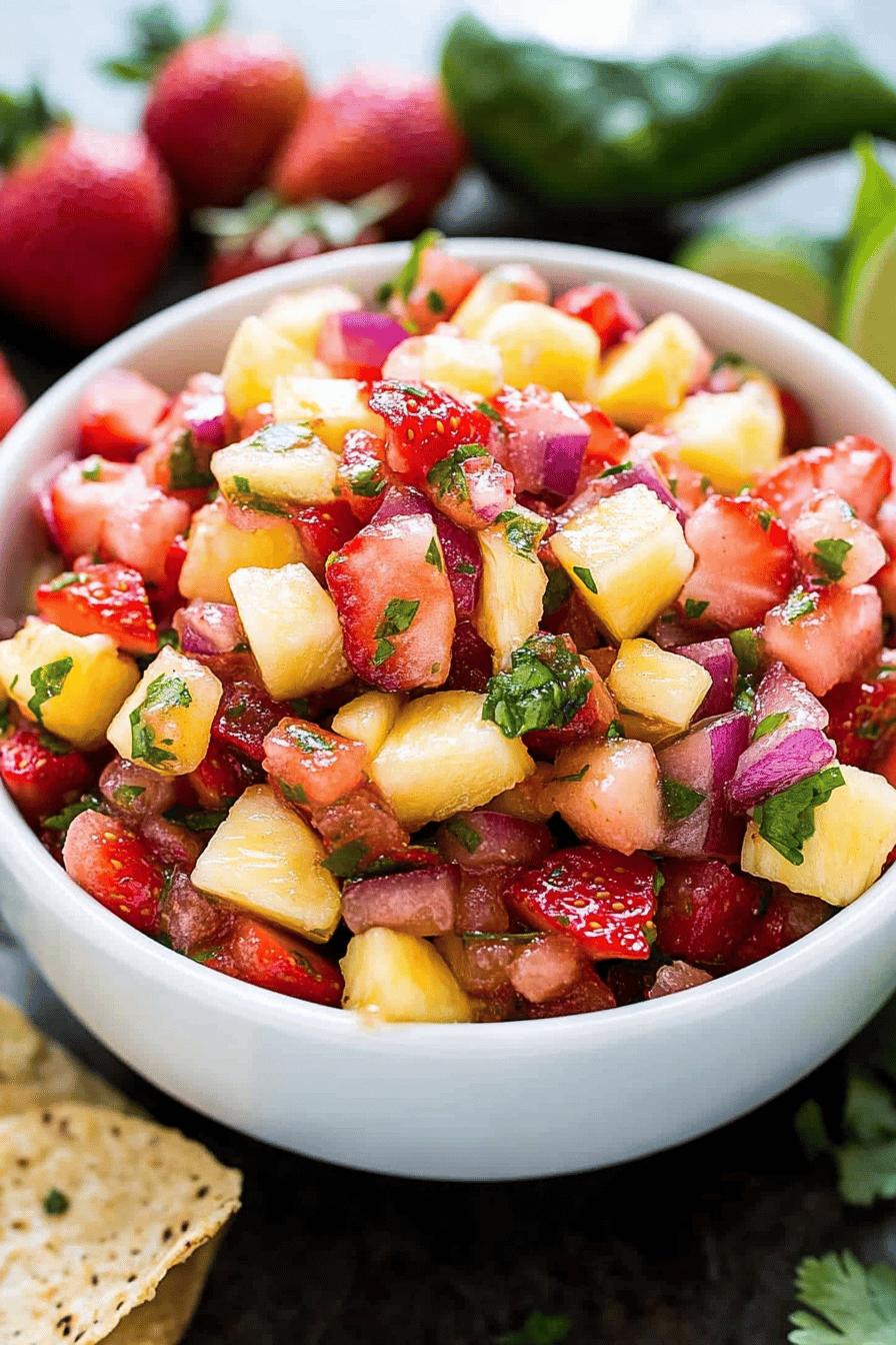 Strawberry Pineapple Salsa ingredients organized and measured on kitchen counter