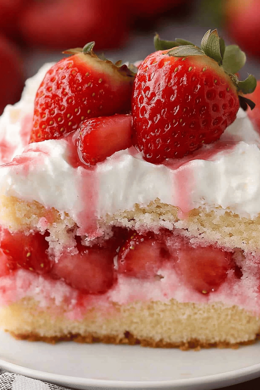 Strawberry Shortcake Sheet Cake slice on plate showing perfect texture and swirl pattern