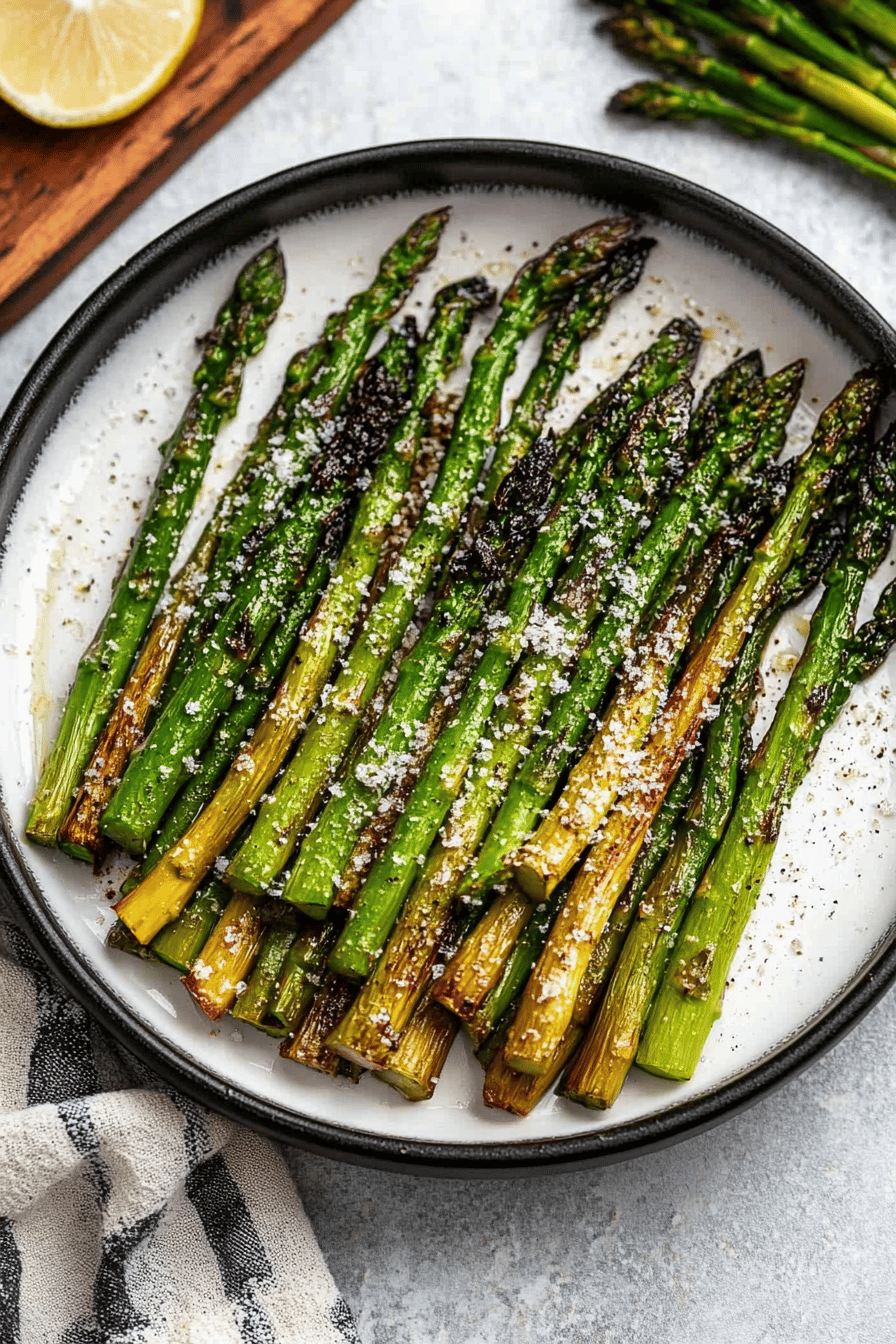 air fryer asparagus slice on plate showing perfect texture and swirl pattern