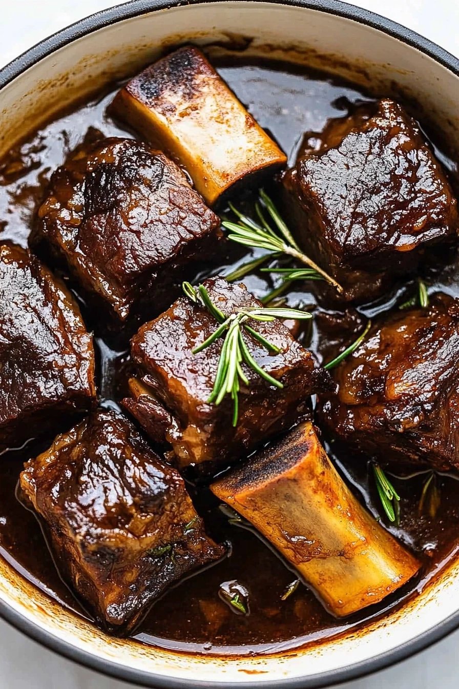 braised beef short ribs slice on plate showing perfect texture and swirl pattern