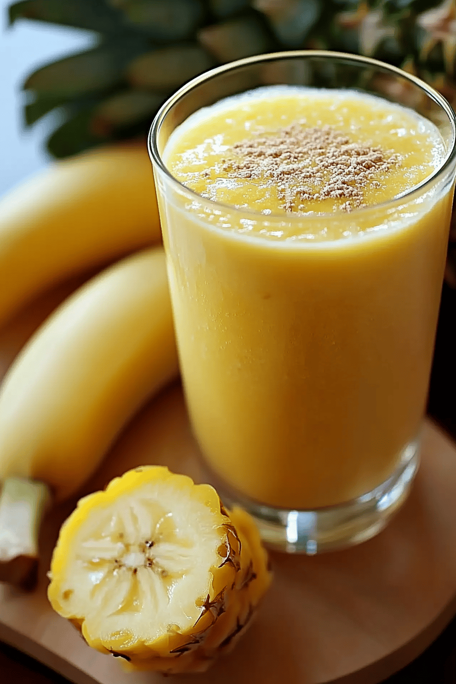 pineapple banana smoothie ingredients organized and measured on kitchen counter