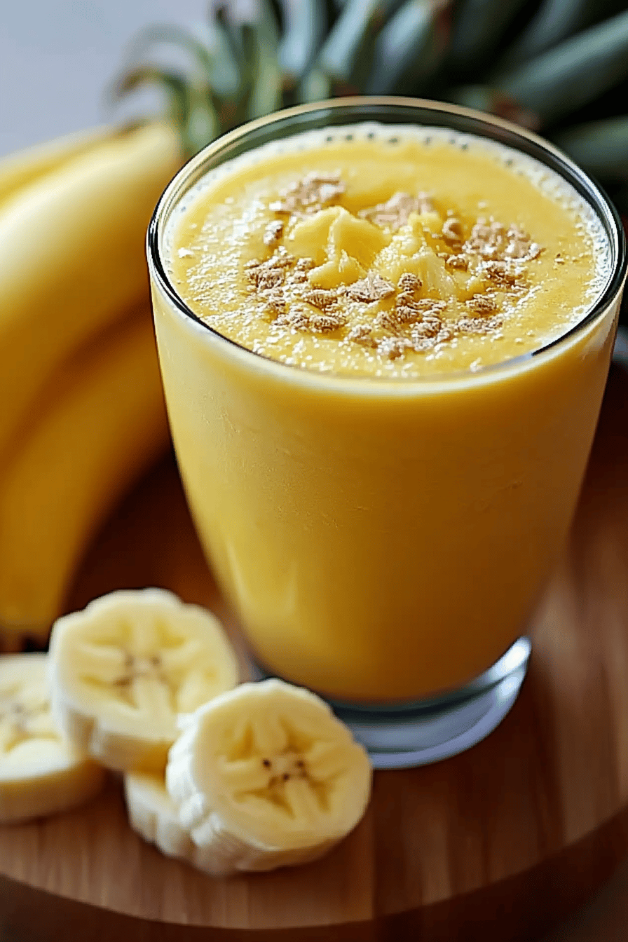 pineapple banana smoothie slice on plate showing perfect texture and swirl pattern