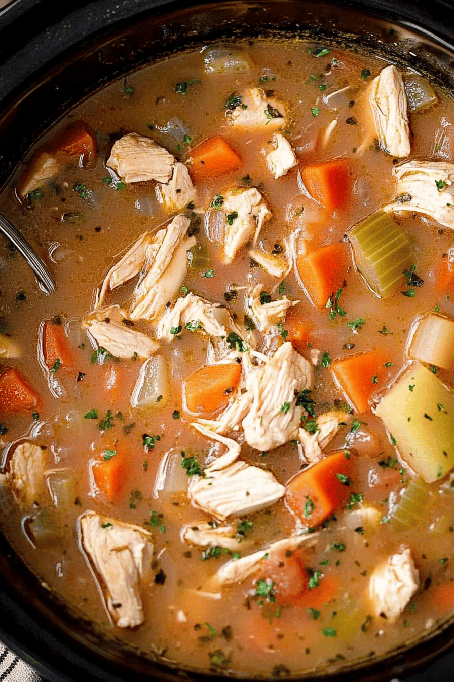 slow cooker chicken stew slice on plate showing perfect texture and swirl pattern