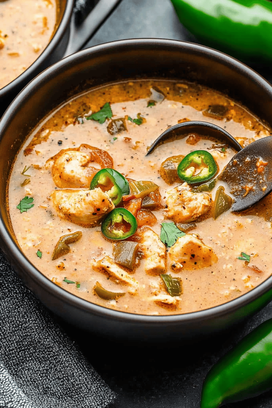 Cajun White Chicken Chili slice on plate showing perfect texture and swirl pattern