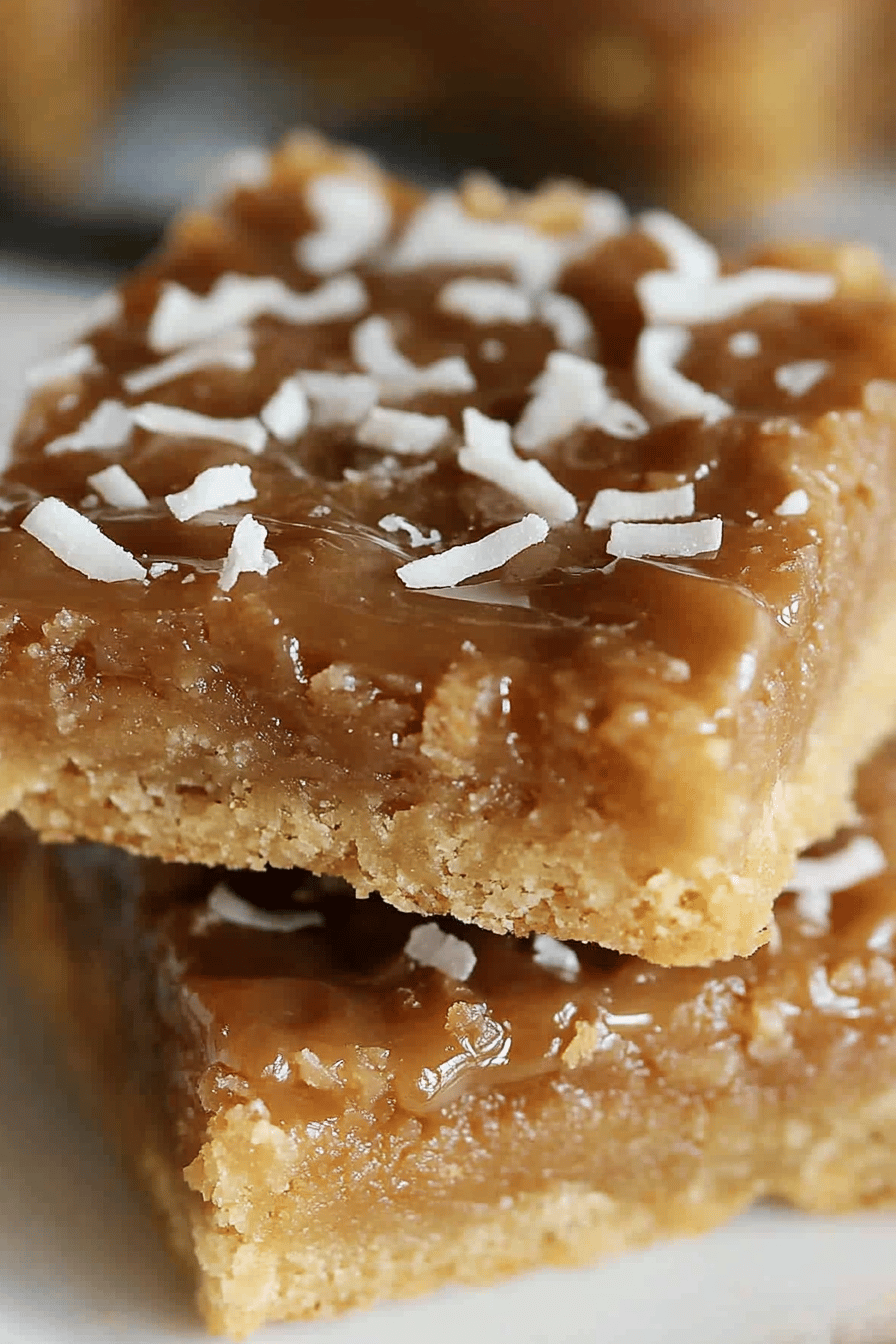 Caramel Coconut Bars slice on plate showing perfect texture and swirl pattern