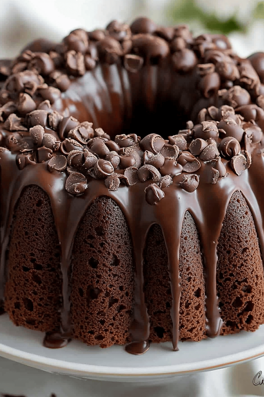 Chocolate Bundt Cake Recipe slice on plate showing perfect texture and swirl pattern