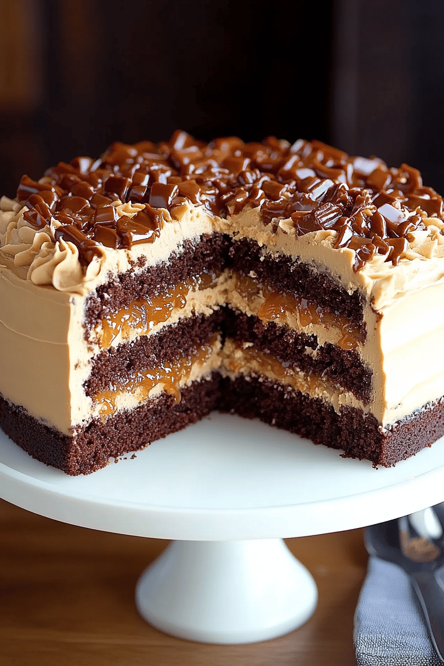 Chocolate Caramel Toffee Cake slice on plate showing perfect texture and swirl pattern