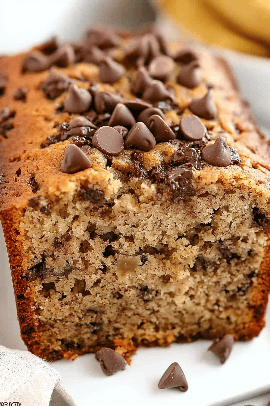 Chocolate Chip Banana Bread slice on plate showing perfect texture and swirl pattern