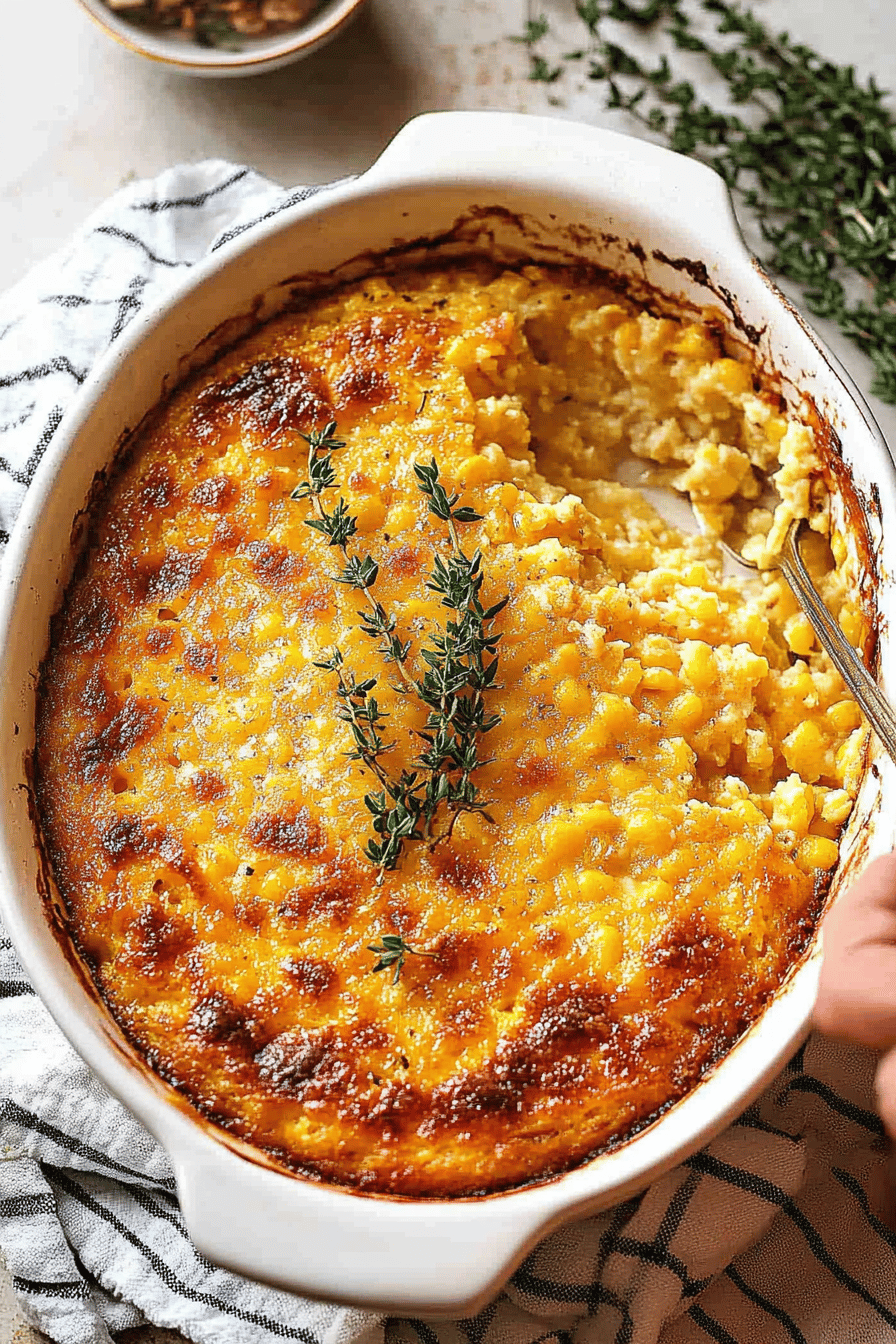 Corn Pudding Recipe slice on plate showing perfect texture and swirl pattern