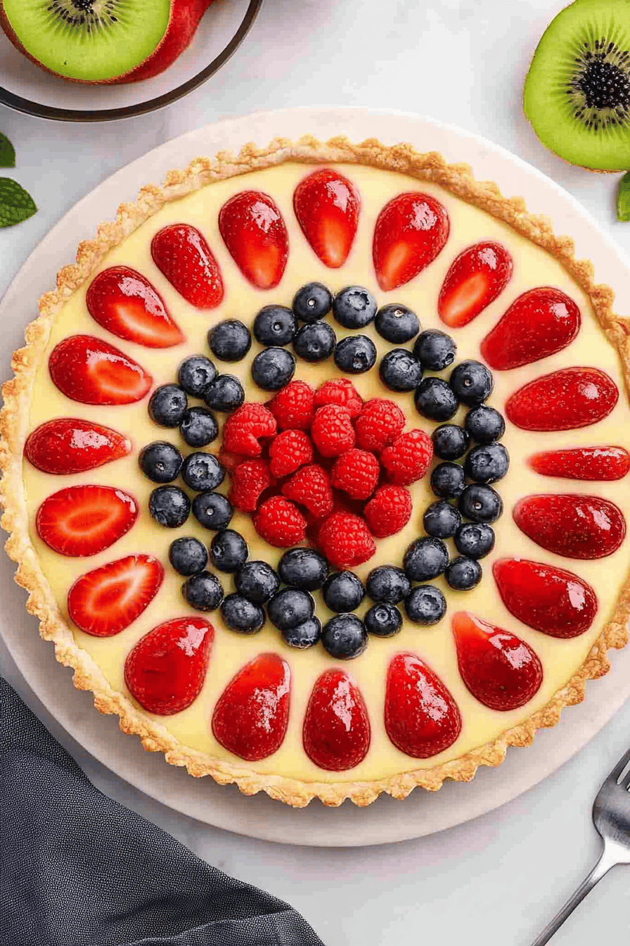 French Fruit Tart Recipe slice on plate showing perfect texture and swirl pattern