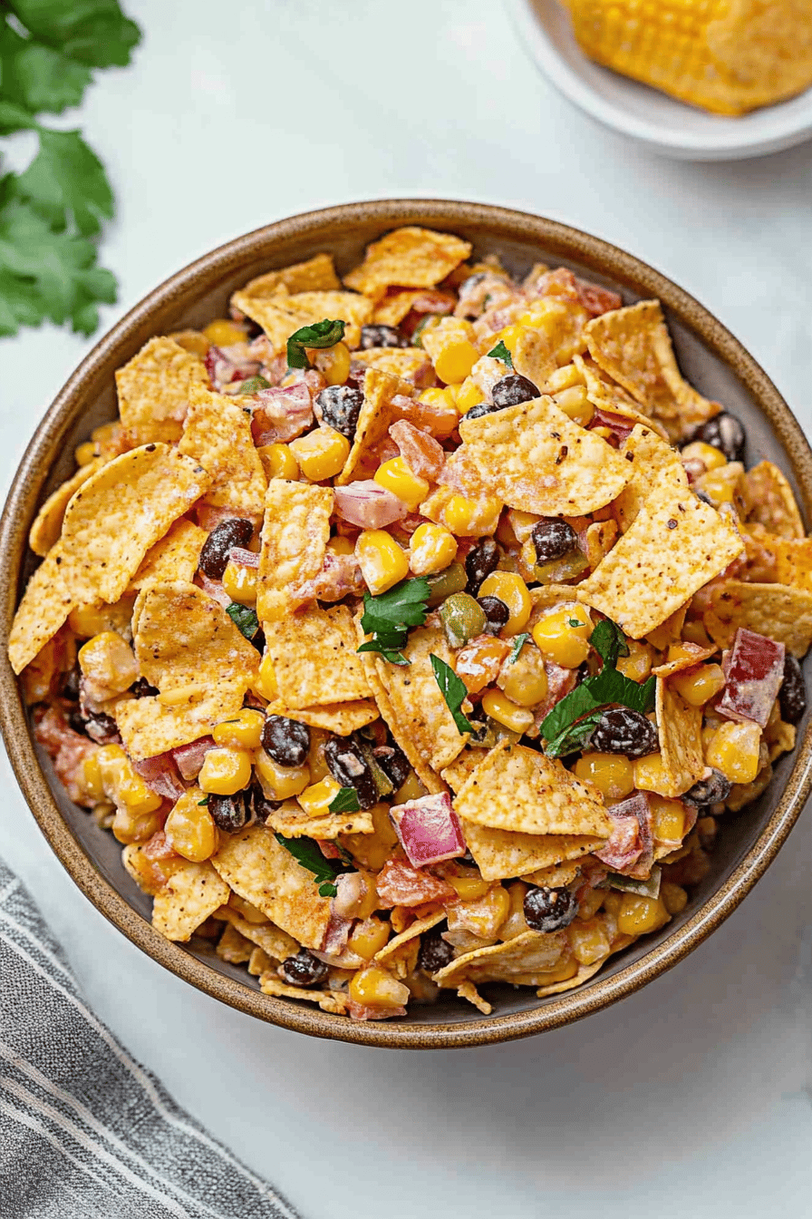 Frito Corn Salad slice on plate showing perfect texture and swirl pattern