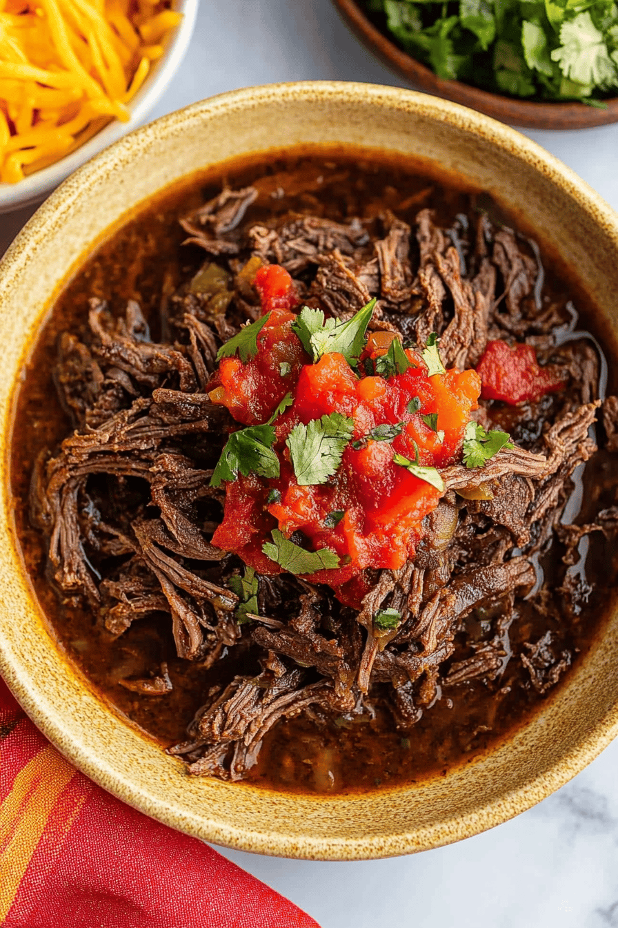 Mexican Shredded Beef slice on plate showing perfect texture and swirl pattern