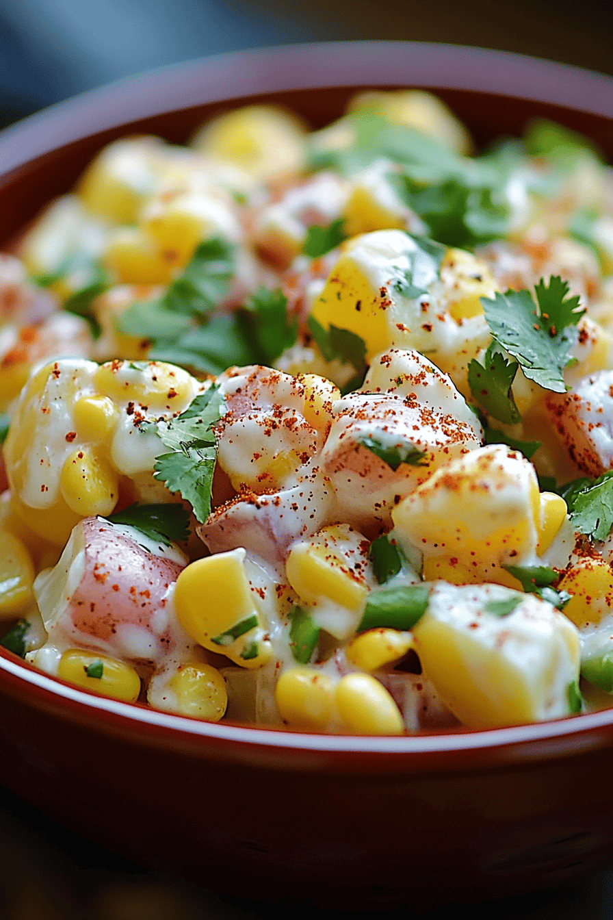 Mexican Street Corn Potato Salad slice on plate showing perfect texture and swirl pattern