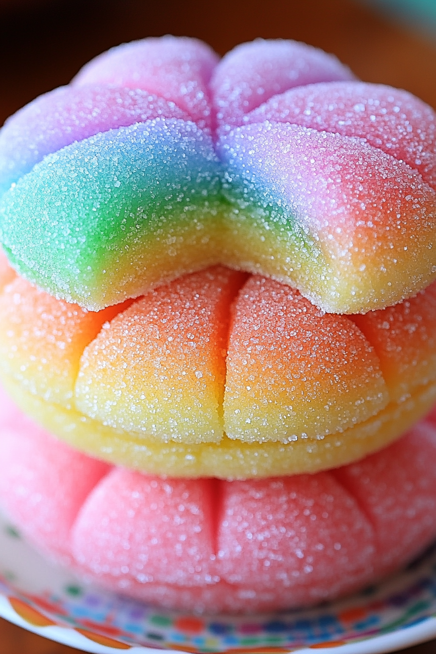 Rainbow Jello Sugar Cookies slice on plate showing perfect texture and swirl pattern