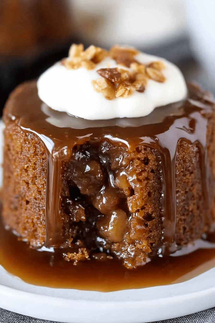 Sticky Toffee Pudding Recipe slice on plate showing perfect texture and swirl pattern