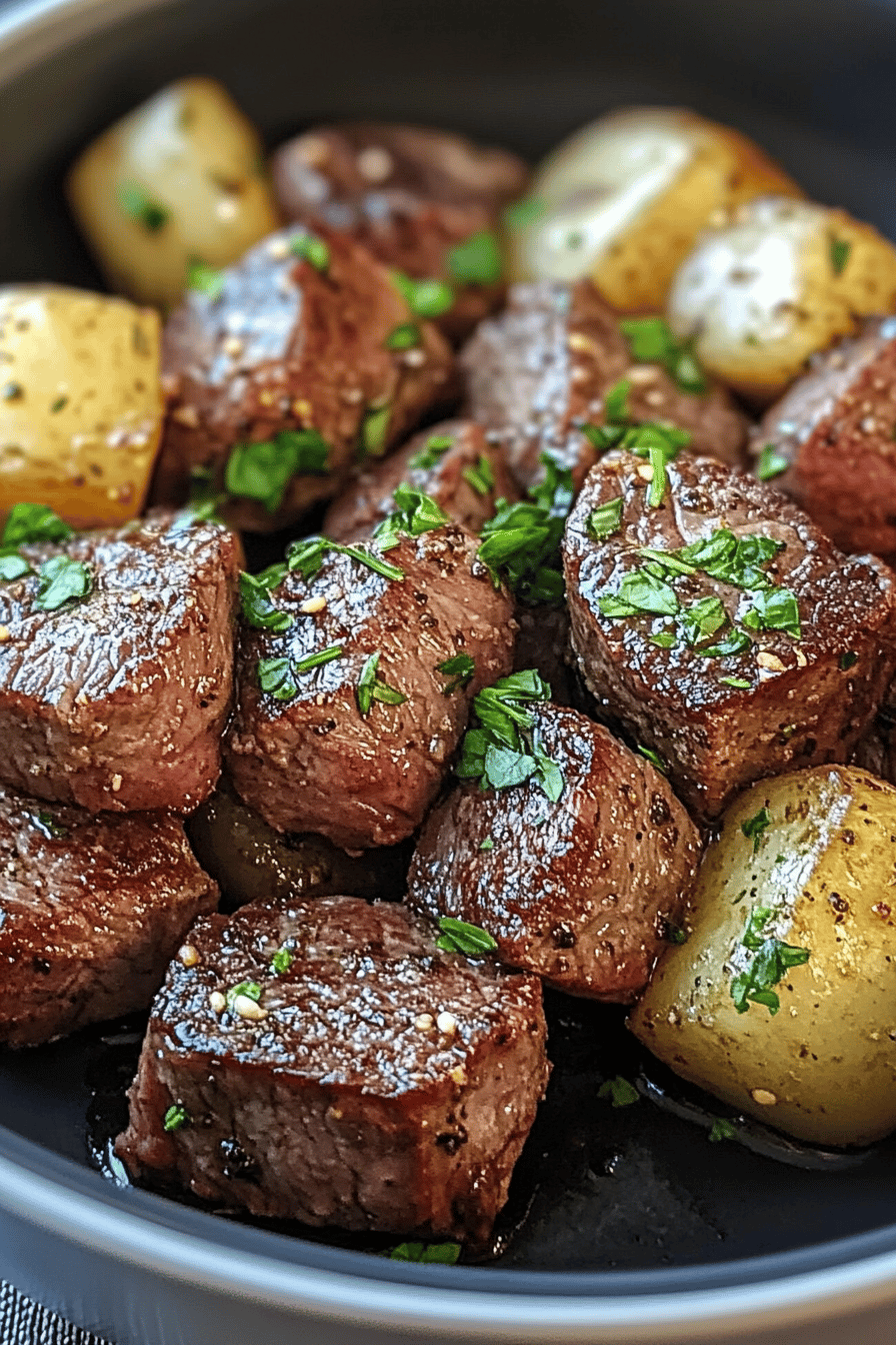 air fryer steak bites slice on plate showing perfect texture and swirl pattern