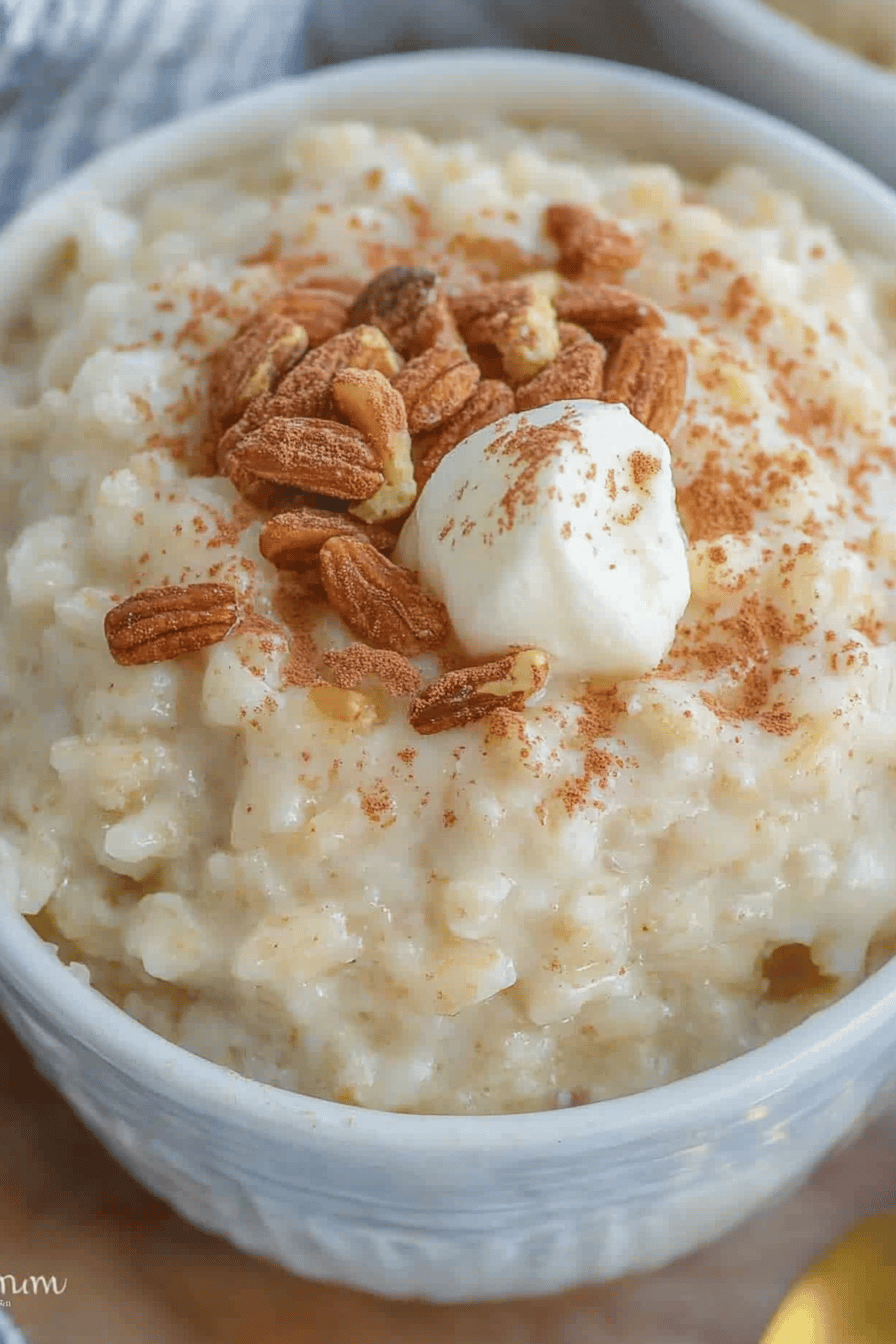 creamy rice pudding slice on plate showing perfect texture and swirl pattern