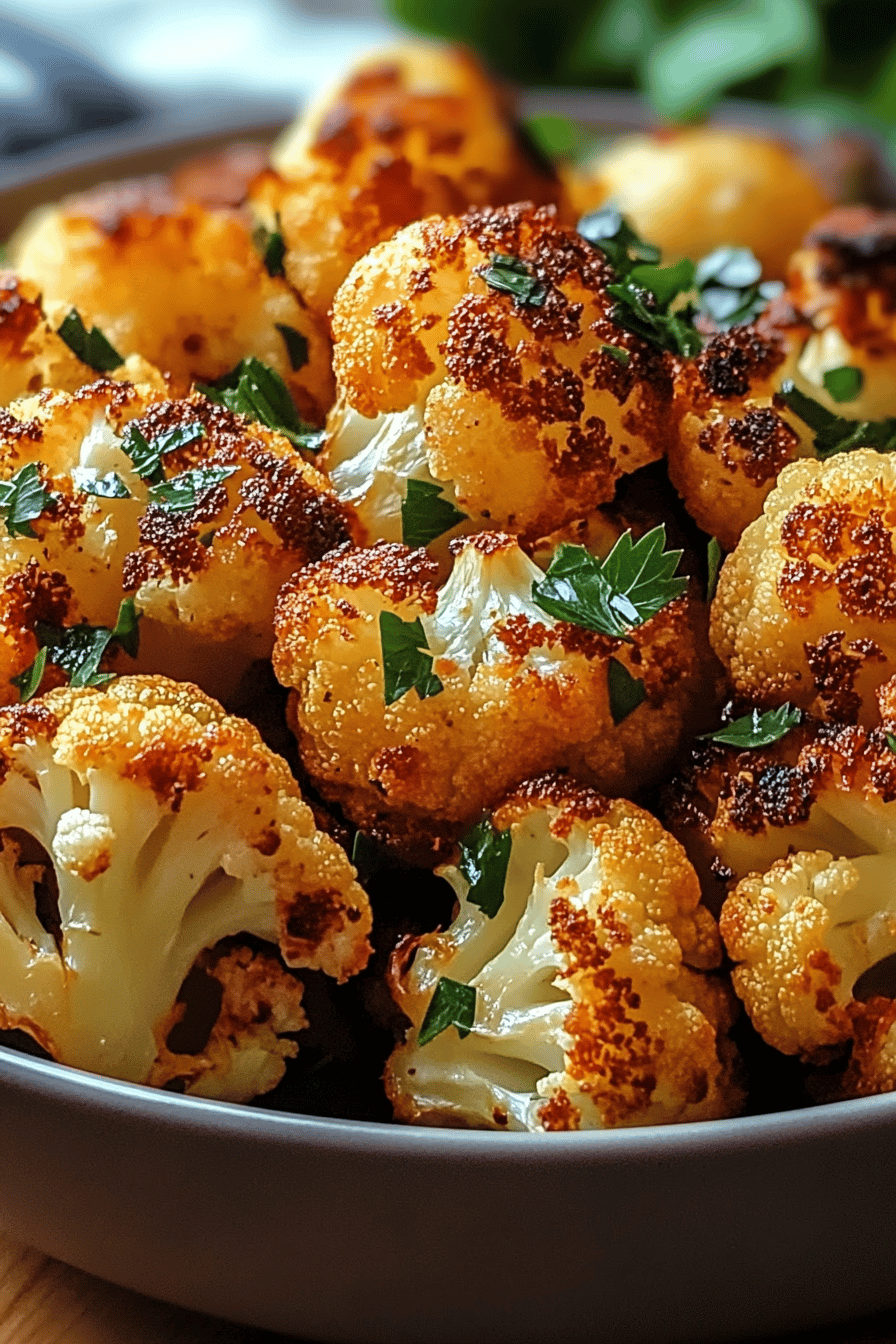 crispy roasted cauliflower slice on plate showing perfect texture and swirl pattern