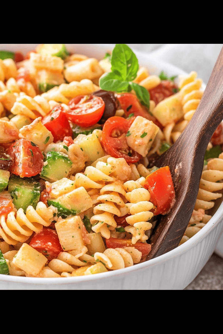 pasta salad tips ingredients organized and measured on kitchen counter